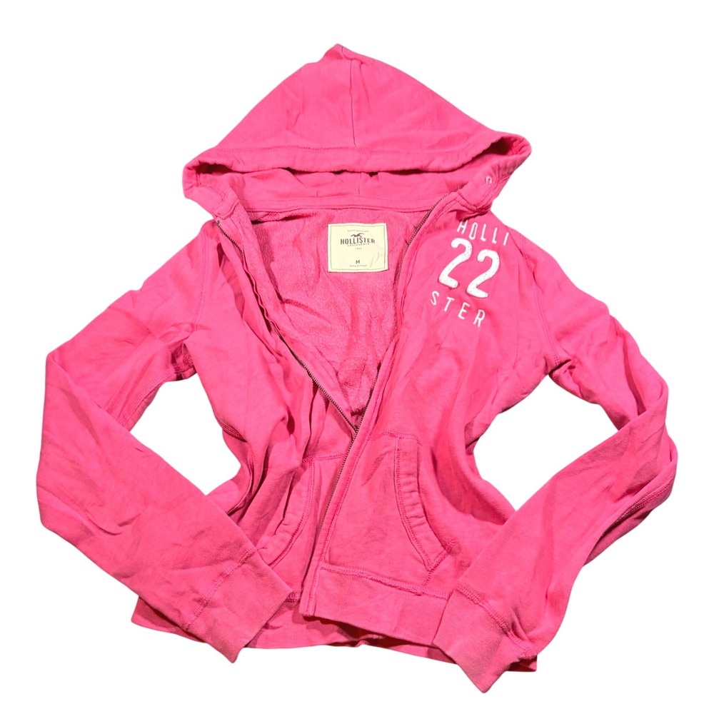 Hollister Womens Pink Full Zip Hoodie Sweatshirt Y2K Graphic Logo Size M